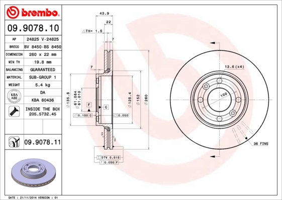 Tarcza hamulcowa, COATED DISC LINE 09.9078.11 BREMBO