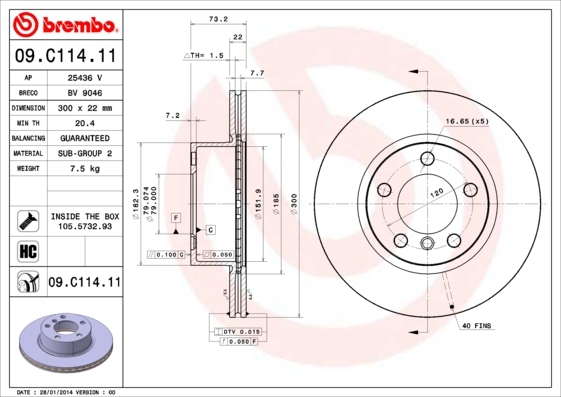 Tarcza hamulcowa, COATED DISC LINE 09.C114.11 BREMBO